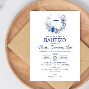 Bautizo Invitacion Cute Cross Blue Flowers Baptism Invitation