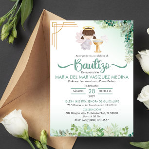 Bautizo Invitacion Green Flowers Catholic Baptism Invitation