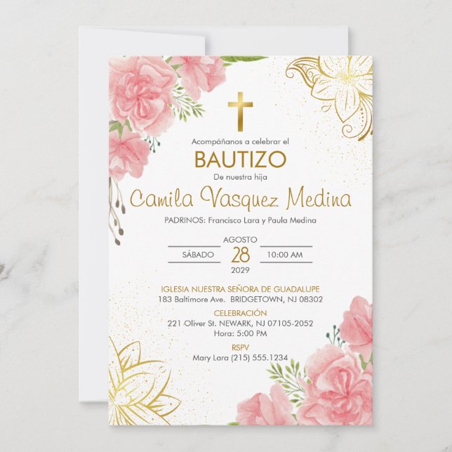 Bautizo Invitacion in spanish Baptism Pink Flowers Invitation