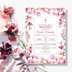 Bautizo Invitacion in spanish Baptism Pink Flowers Invitation