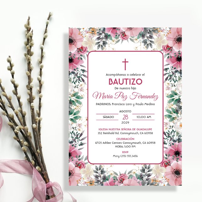 Bautizo Invitacion in spanish Baptism Pink Flowers Invitation (Creator Uploaded)