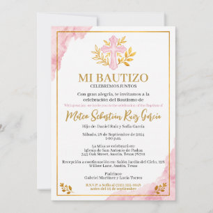 Bautizo Invitacion Rosa Mi Bautizo Cruz Dorada Invitation