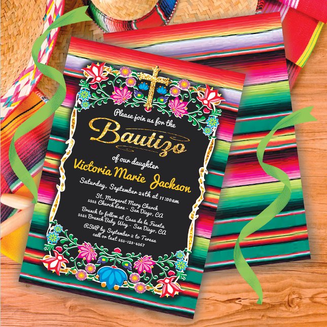 Bautizo Mexican Fiesta Party Gold Glitter cross Invitation (Creator Uploaded)