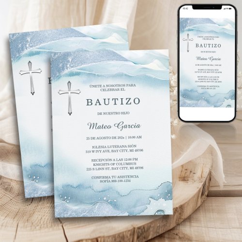 Bautizo Niño Azul Cruz Invitation