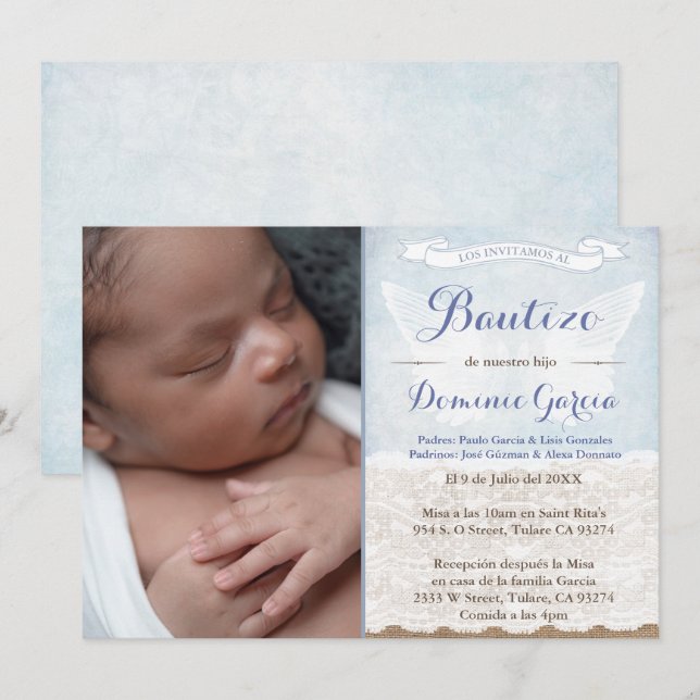 Bautizo PhotoCards in Spanish, Boy Latino Baptism Invitation (Front/Back)