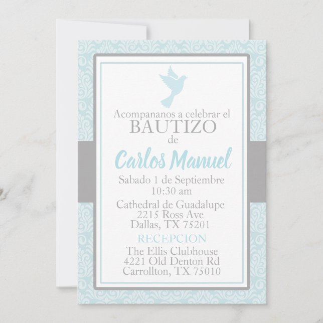 Bautizo Spanish Baptism Blue Silver Dove Invitation (Front)