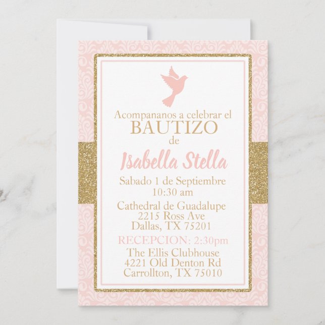 Bautizo Spanish Baptism Pink Gold Dove Invitation (Front)