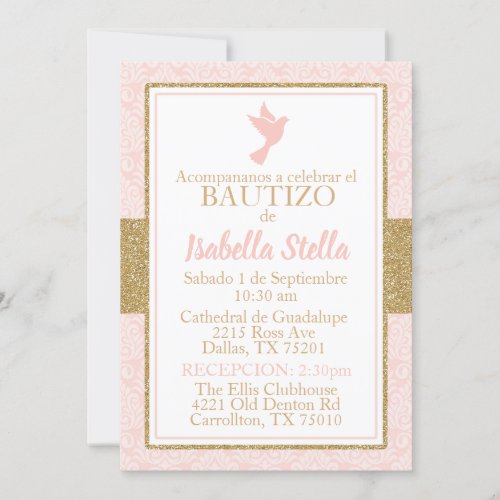 Bautizo Spanish Baptism Pink Gold Dove Invitation