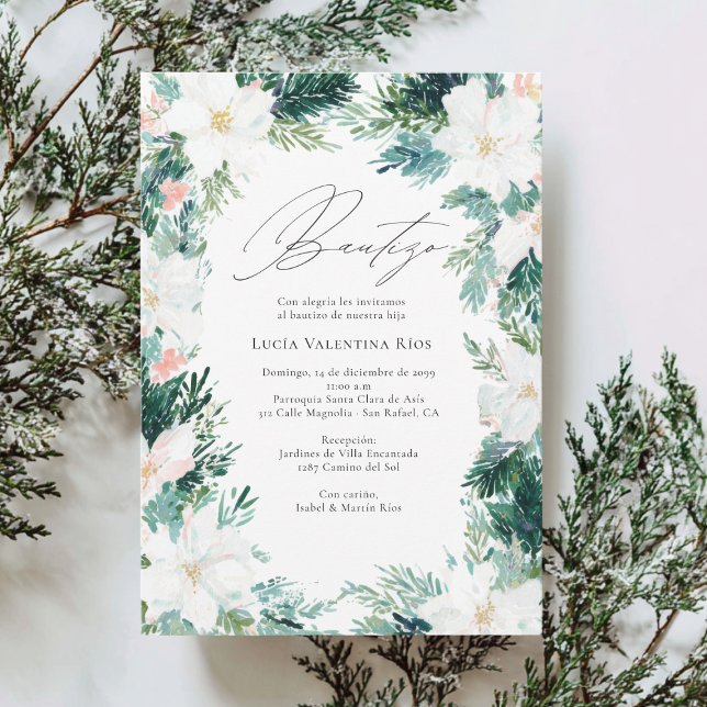 Bautizo Spanish Winter Flowers Poinsettia Baptism Invitation (Creator Uploaded)