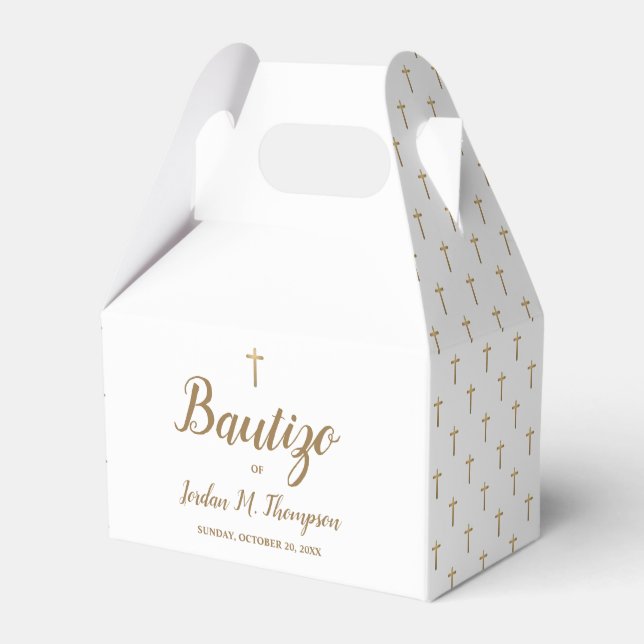 Bautizo White Gold Cross Custom Spanish baptism Favor Boxes (Front Side)
