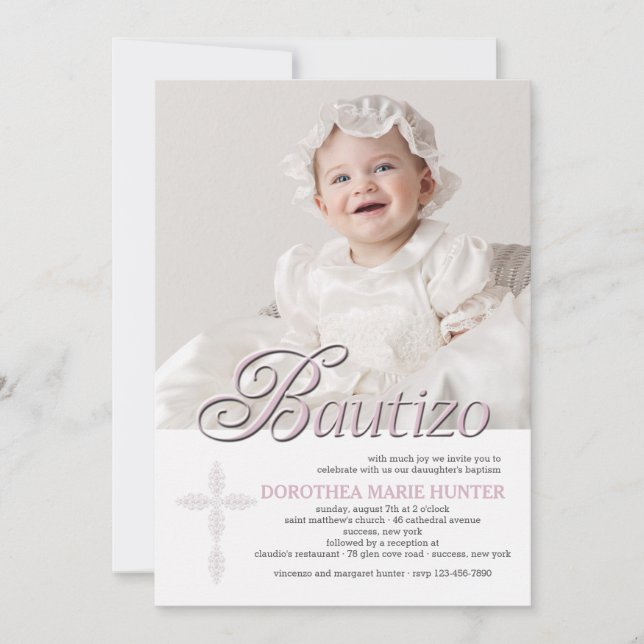 Bautizo Word Pink Photo Invitation (Front)
