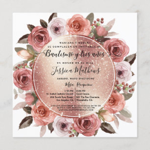 Bautizo y Tres Años Blush Floral Rose Gold Glitter Invitation