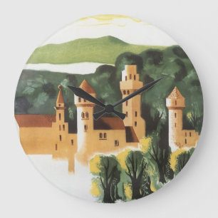 Bavaria, Germany, German Castle Vintage Travel Art Large Clock