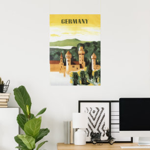 Bavaria, Germany, German Castle Vintage Travel Art Poster