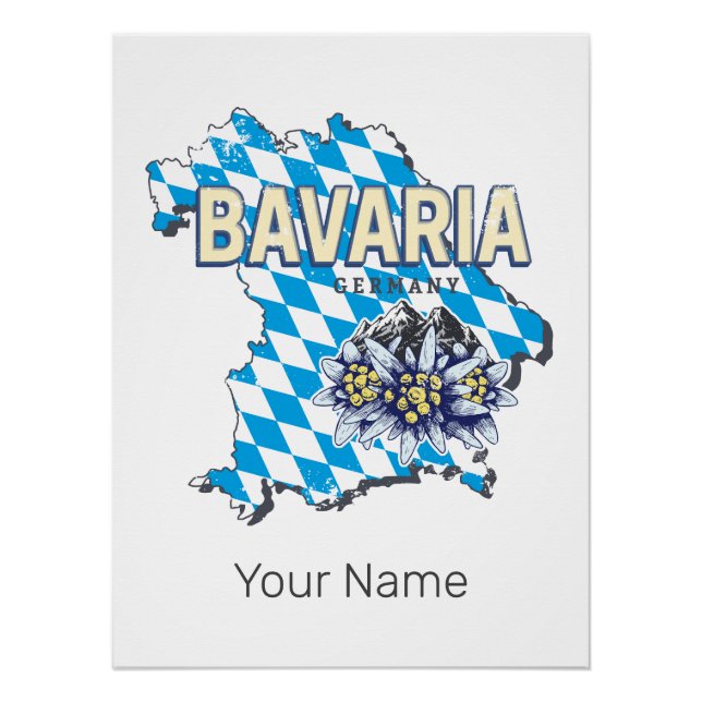 Bavaria Germany Retro Federal State Map Edelweiss Poster (Front)