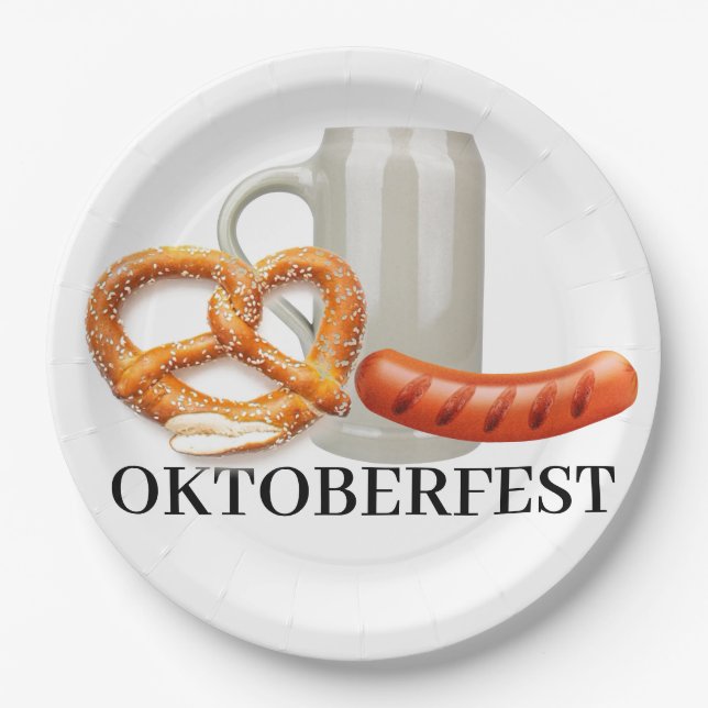Bavarian Beer Stein Sausage Pretzel Oktoberfest Paper Plates (Front)