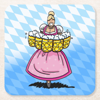 Bavarian Diamond Pattern Cartoon Waitress Beer Mug Square Paper Coaster