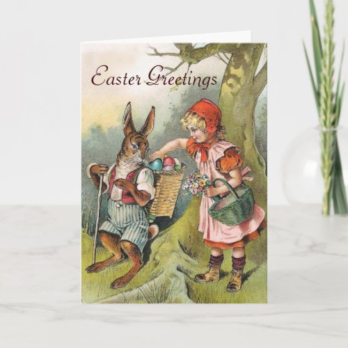 Bavarian Easter Bunny Eggs Victorian Girl Card