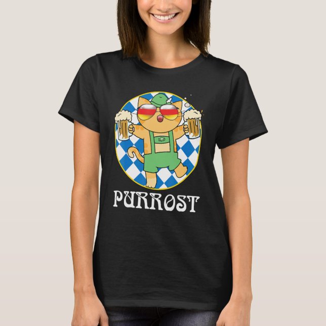 Bavarian Octoberfest Lederhosen Cat Drinking Beer  T-Shirt (Front)