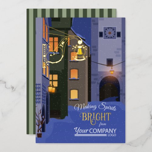 Bavarian Town Glowing Lights Snow Village Foil Holiday Card