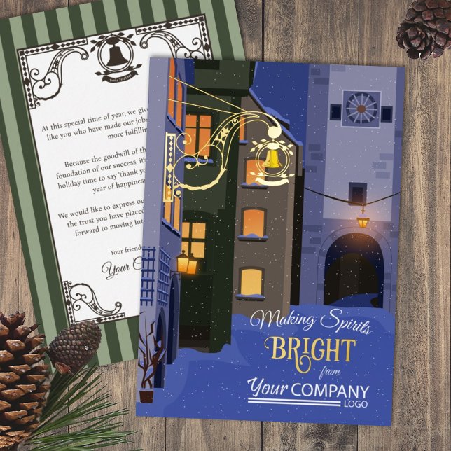 Bavarian Town Glowing Lights Snow Village Foil Holiday Card (Nostalgic Blue Gold Company Holiday Greeting Cards Blue Rothenburg, German with Company Logo)