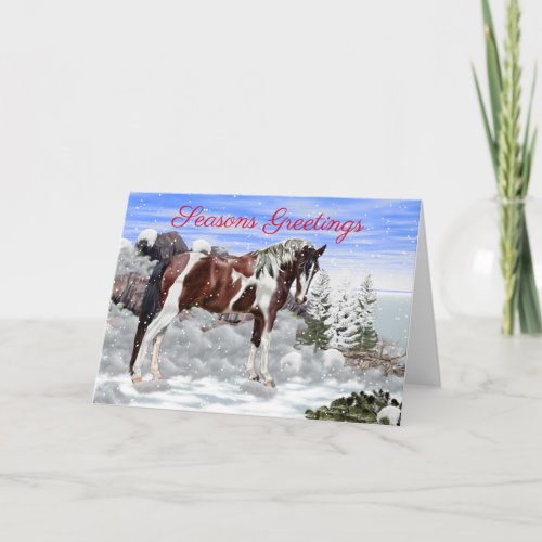 Bay and White Tobiano Paint Horse in Snow Holiday Card