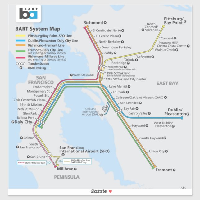 Bay Area Bart Train Map Sticker (Sheet)