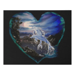 Bay at Night , Dolphin Love Faux Canvas Print