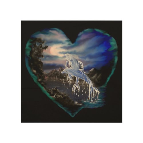 Bay at Night  Dolphin Love Wood Wall Art