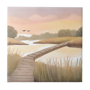 Bay Boardwalk Airy Coastal Watercolor Painting Ceramic Tile