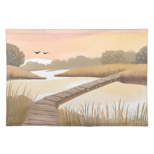 Bay Boardwalk Airy Coastal Watercolor Painting Cloth Placemat