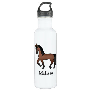 Bay Brown Cartoon Trotting Horse & Custom Name Stainless Steel Water Bottle