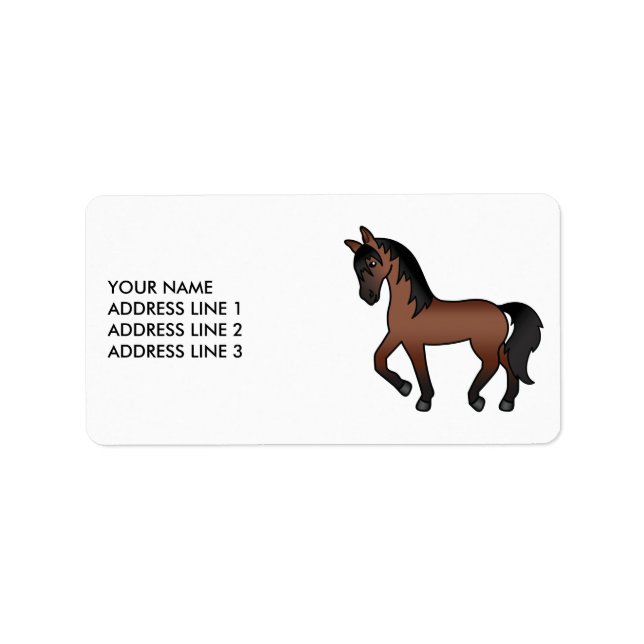Bay Brown Cartoon Trotting Horse & Custom Text Label (Front)