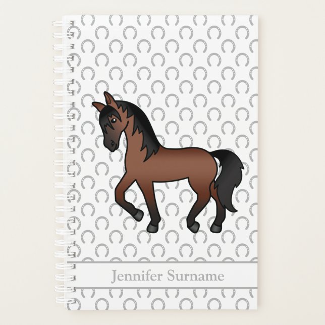 Bay Brown Cartoon Trotting Horse & Custom Text Planner (Front)