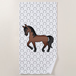 Bay Brown Trotting Horse Cute Cartoon Illustration Beach Towel