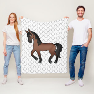 Bay Brown Trotting Horse Cute Cartoon Illustration Fleece Blanket
