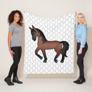 Bay Brown Trotting Horse Cute Cartoon Illustration Fleece Blanket