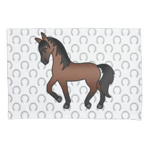 Bay Brown Trotting Horse Cute Cartoon Illustration Pillow Case