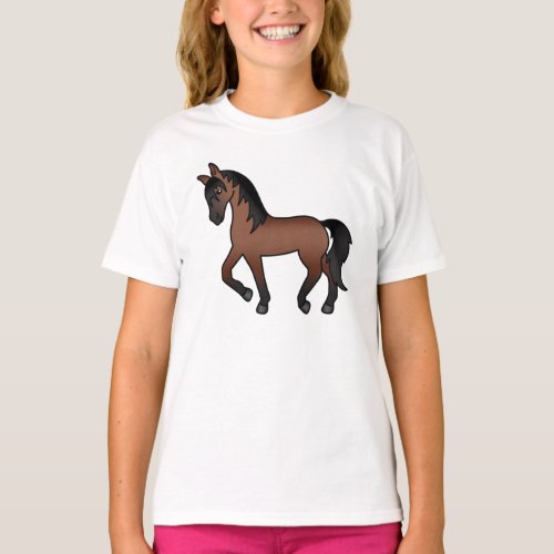 Bay Brown Trotting Horse Cute Cartoon Illustration T_Shirt