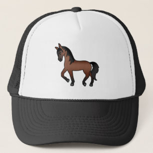 Bay Brown Trotting Horse Cute Cartoon Illustration Trucker Hat