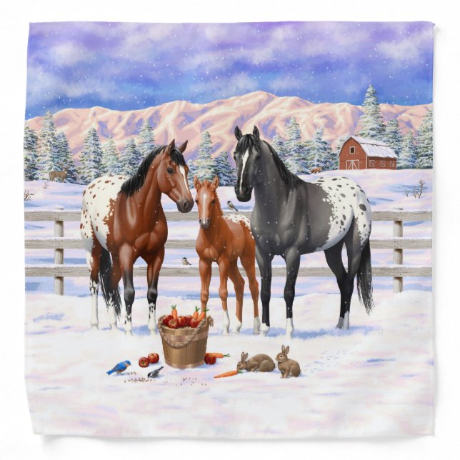 Bay Chestnut Gray Grulla Appaloosa Horses In Snow Bandana (Front)
