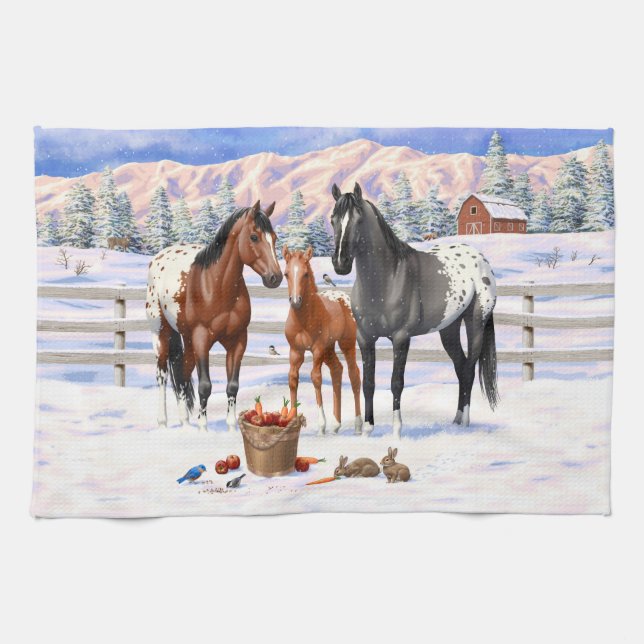 Bay Chestnut Gray Grulla Appaloosa Horses In Snow Kitchen Towel (Horizontal)