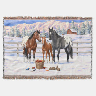 Bay Chestnut Gray Grulla Appaloosa Horses In Snow Throw Blanket