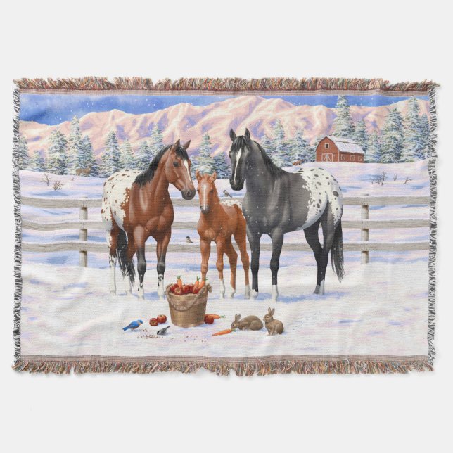 Bay Chestnut Gray Grulla Appaloosa Horses In Snow Throw Blanket (Front)