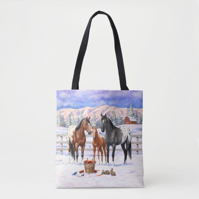Bay Chestnut Gray Grulla Appaloosa Horses In Snow Tote Bag (Front)