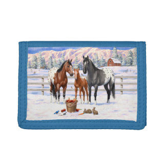 Bay Chestnut Gray Grulla Appaloosa Horses In Snow Trifold Wallet