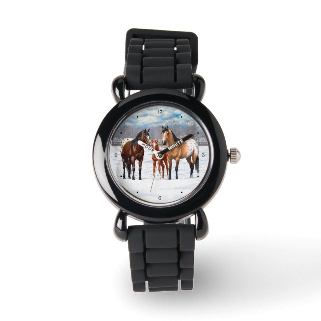 Bay Chestnut Gray Grulla Appaloosa Horses In Snow Watch (Front)