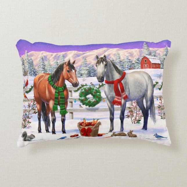 Bay & Dapple Gray Horses in Snow Christmas Farm Accent Pillow (Front)