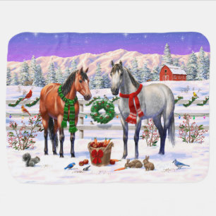 Bay & Dapple Gray Horses in Snow Christmas Farm Baby Blanket
