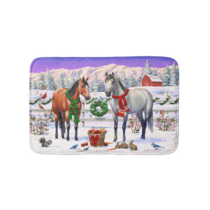Bay & Dapple Gray Horses in Snow Christmas Farm Bath Mat